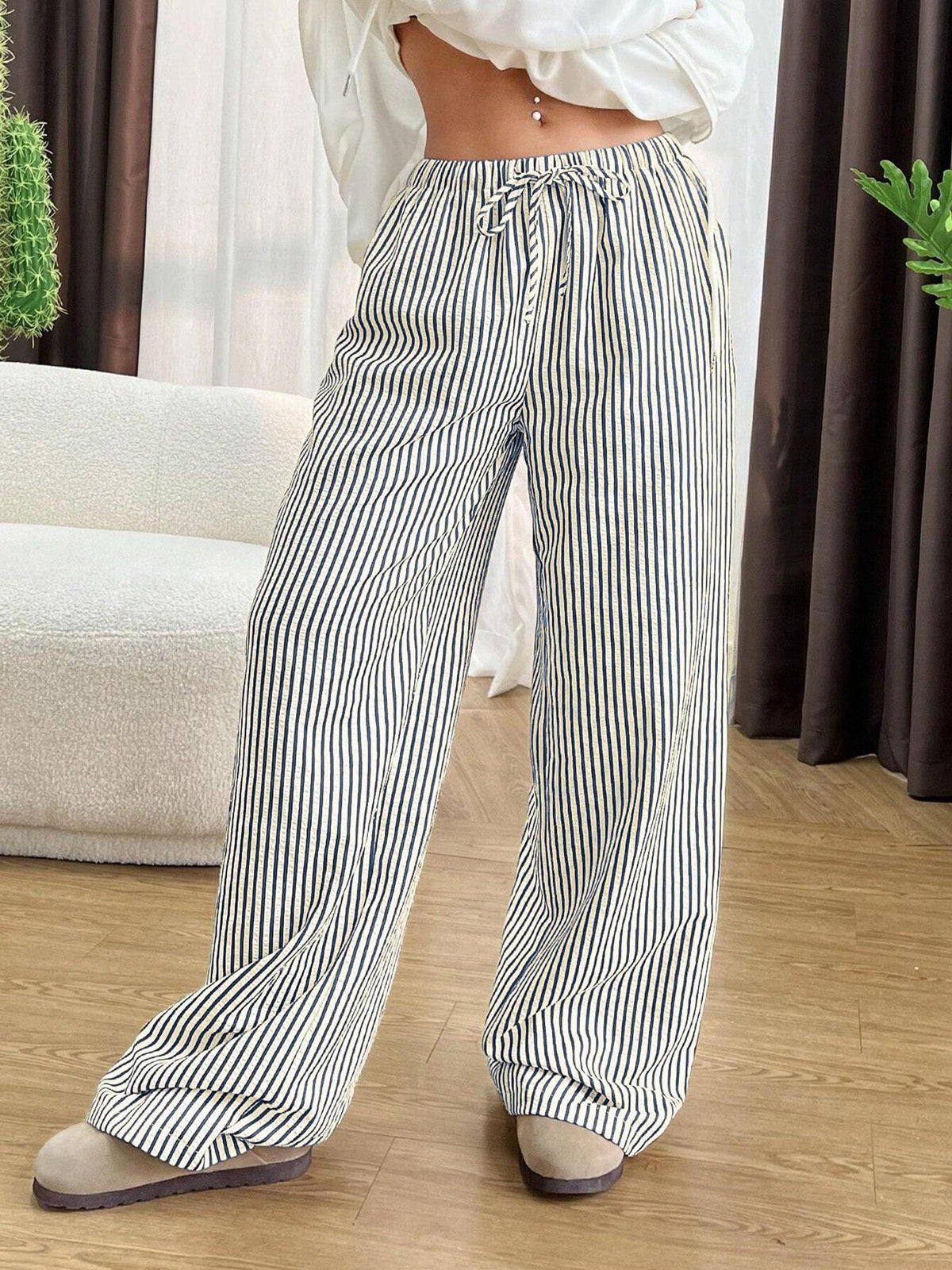 Women's Contrast Color Striped Loose High Waist Pants