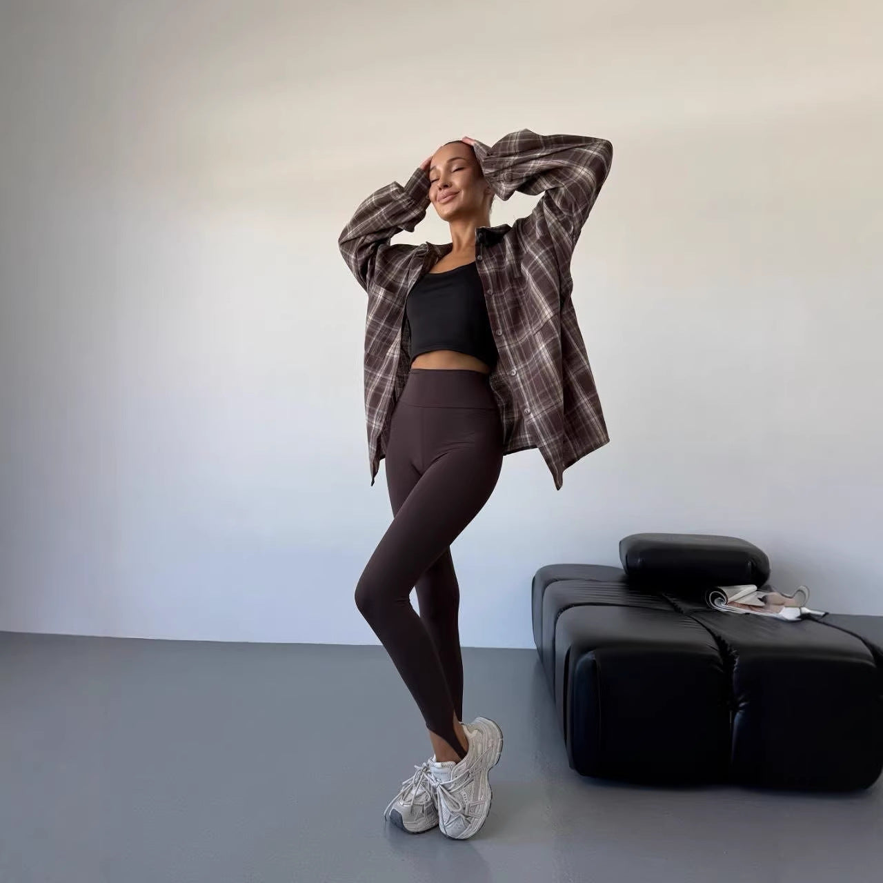 Retro American Plaid Long-sleeved Shirt Loose Street Couple Blouse