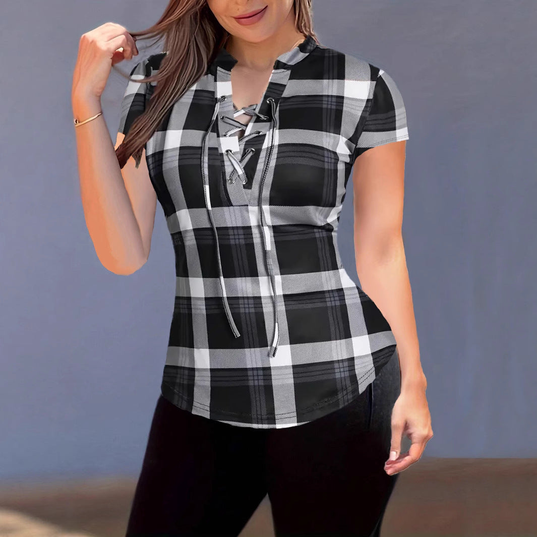 Fashion Plaid Printed Stand Collar Chest Tied Slim Women's T-shirt