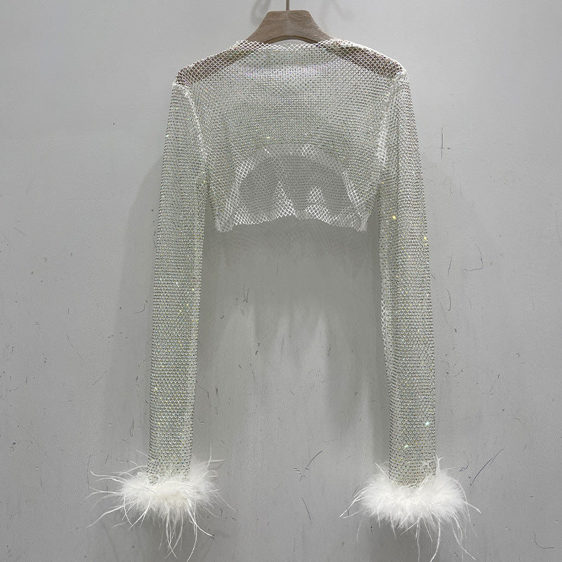 Fashion Rhinestone Long Sleeve Shiny Cuff Ostrich Tops