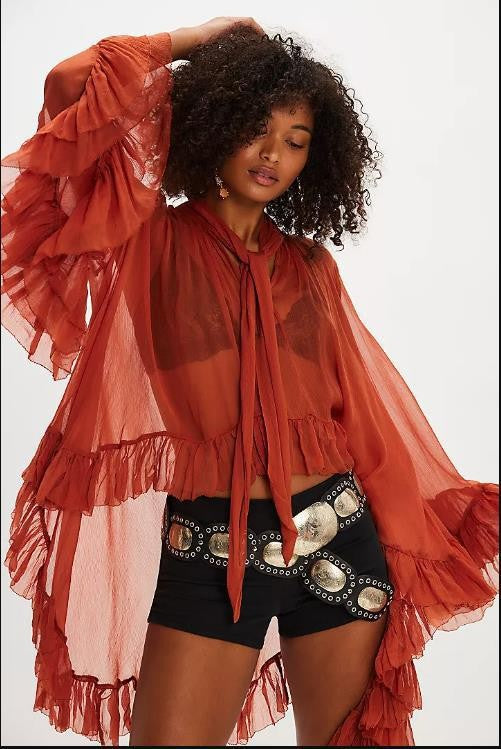 Oversized Swing Bow Tie Belt Printed Lantern Sleeve Personalized Lace Shirt, Chiffon Shirt