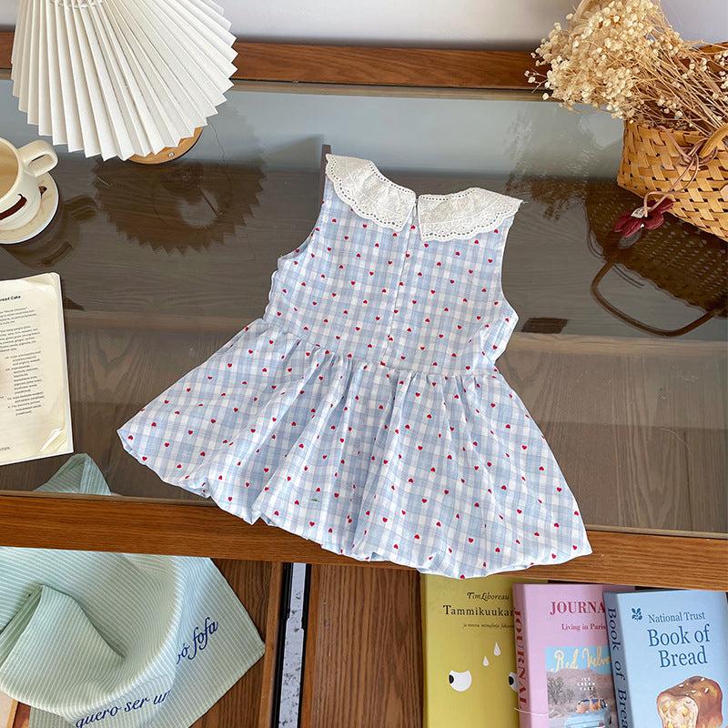 Women's & Children's Summer Blue Plaid Heart Printing Vest Children's Dress