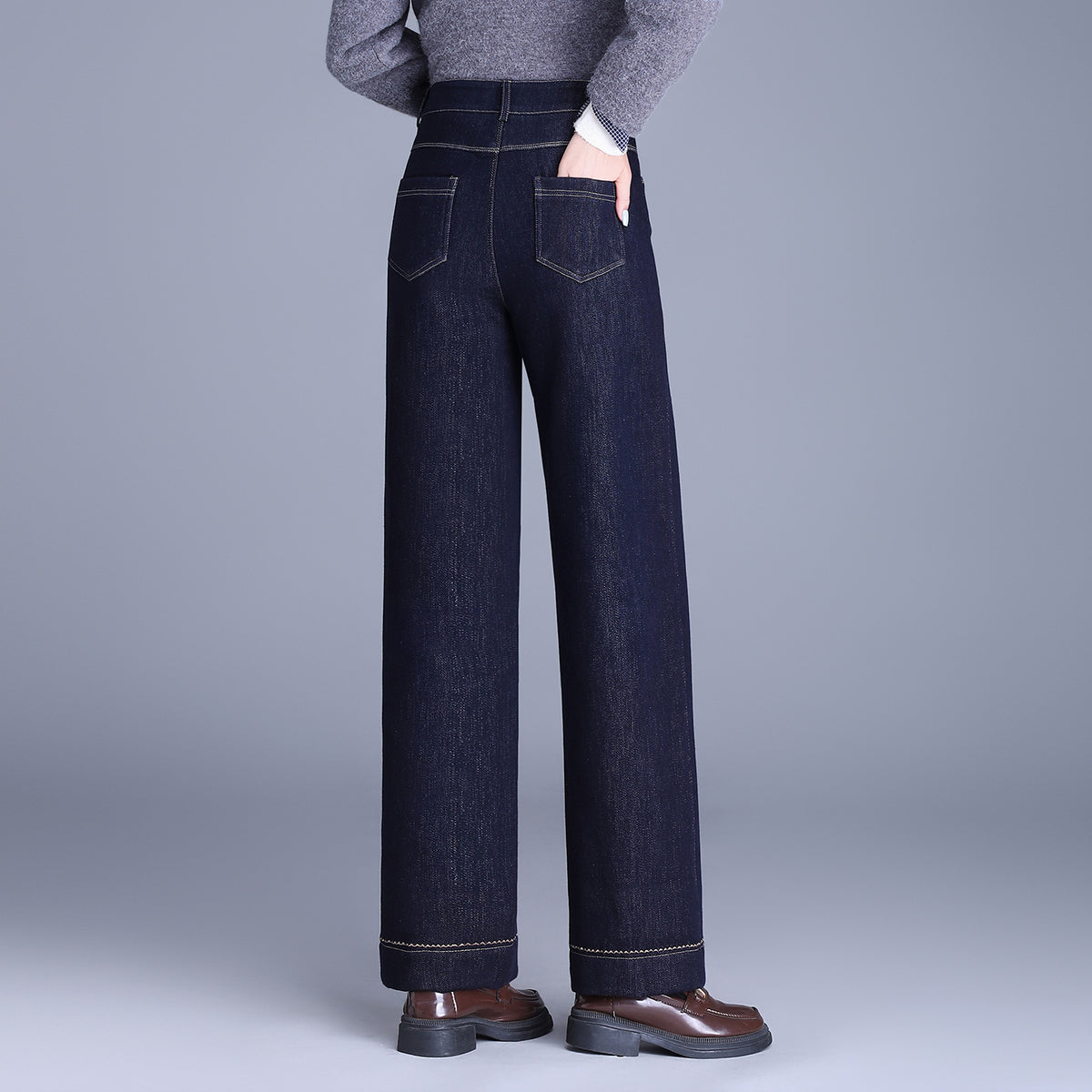 Women's Denim Blue High Waist Veet Thickening Casual Pants