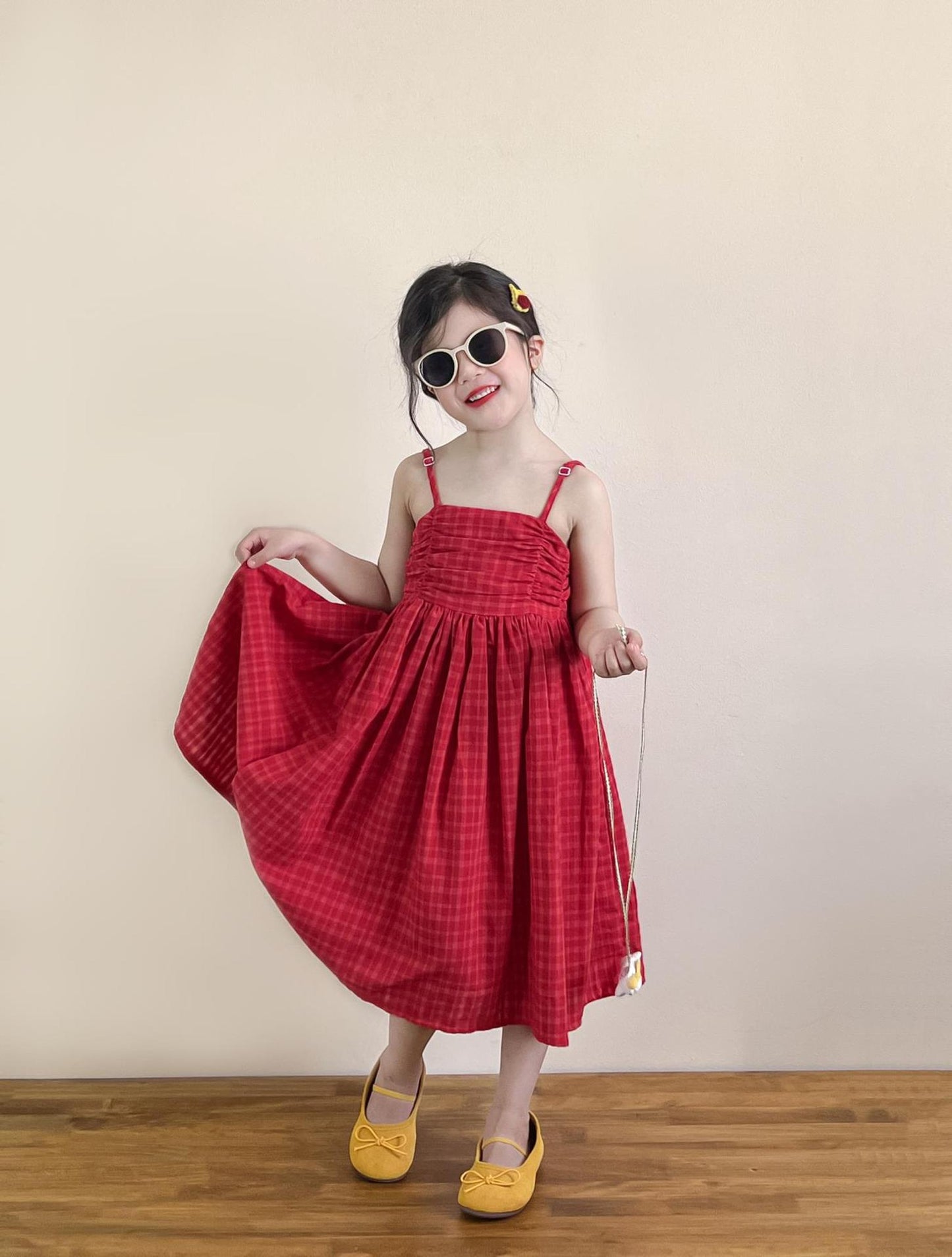 Vacation Style Red Plaid Sling Adjustable Large Skirt Vest Sleeveless Children's Dress