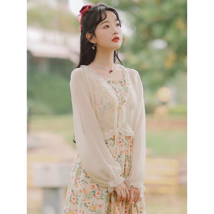 Women's Small With Suspenders Thin Shawl Outerwear Cover-up Lace Shirt, Chiffon Shirt