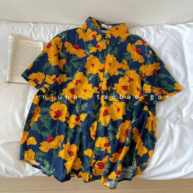 Children's Short-sleeved Shirt Wear Summer Flower Print Loose Design Niche Parent-child Outfit