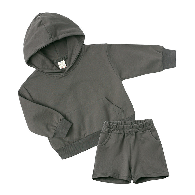 Children's Long-sleeved Sweater Shorts Two-piece Set Solid Color Boys Thickening Exercise Children's Suit