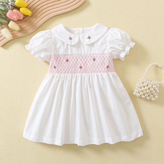 Children's Smocking Embroidered White Skirt Cotton Small Older Short Sleeve Children's Dress