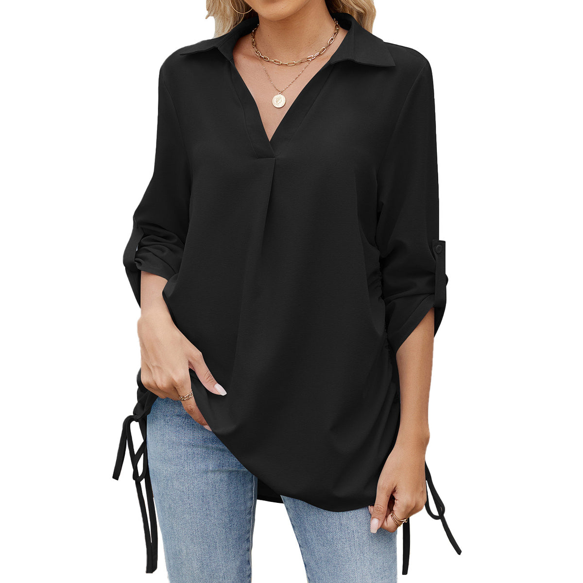 Women's Color Polo Collar Loose Half Sleeve Blouses