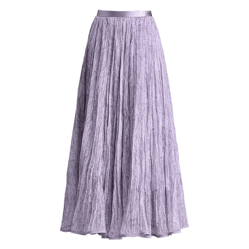 Purple Floral Pleated Autumn Slimming High Waist Crimp Skirt