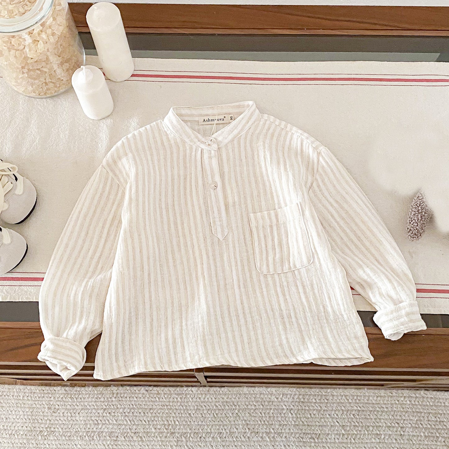 Children's Loose Linen Cotton Long-sleeved Korean Simple Vertical Children's T-shirt