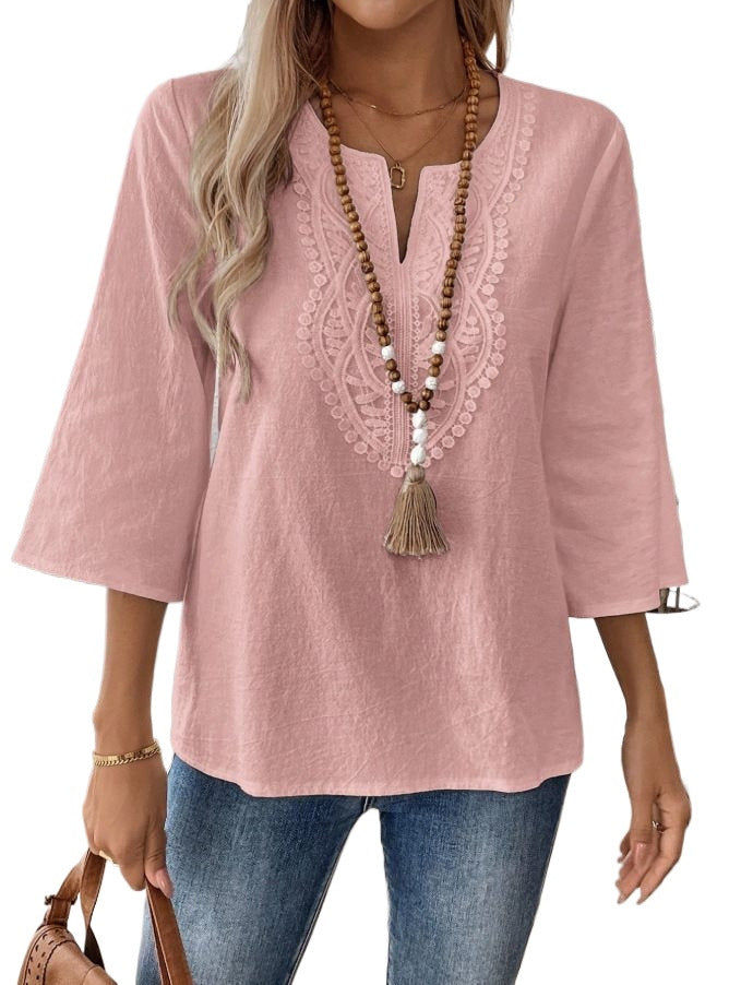 Women's Shirt Lace Trim Solid Color White Blue Blouse