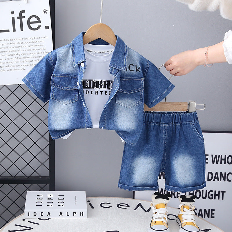 Summer White Denim Lapel Shirt Short-sleeved Three-piece Casual Children's Suit