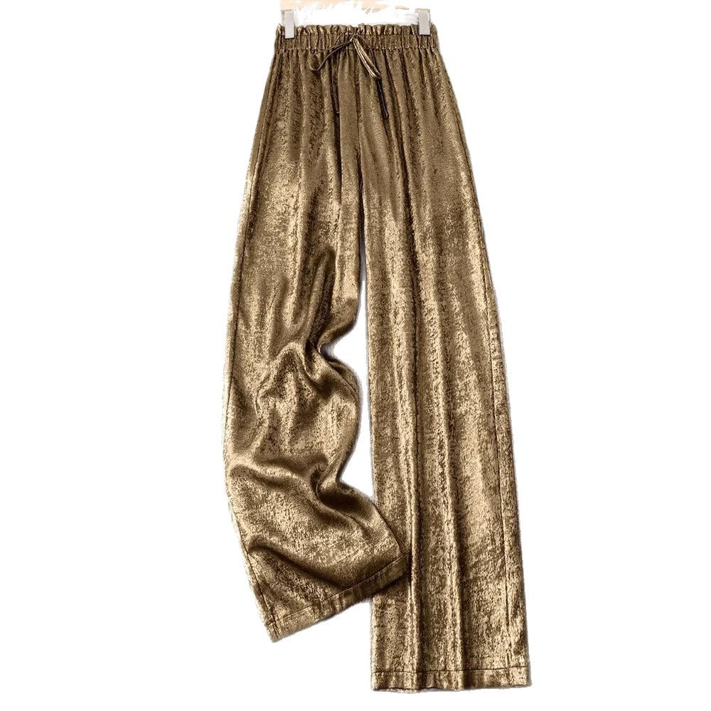 Women's Elastic Waist Golden Pleated Baggy Straight Pants
