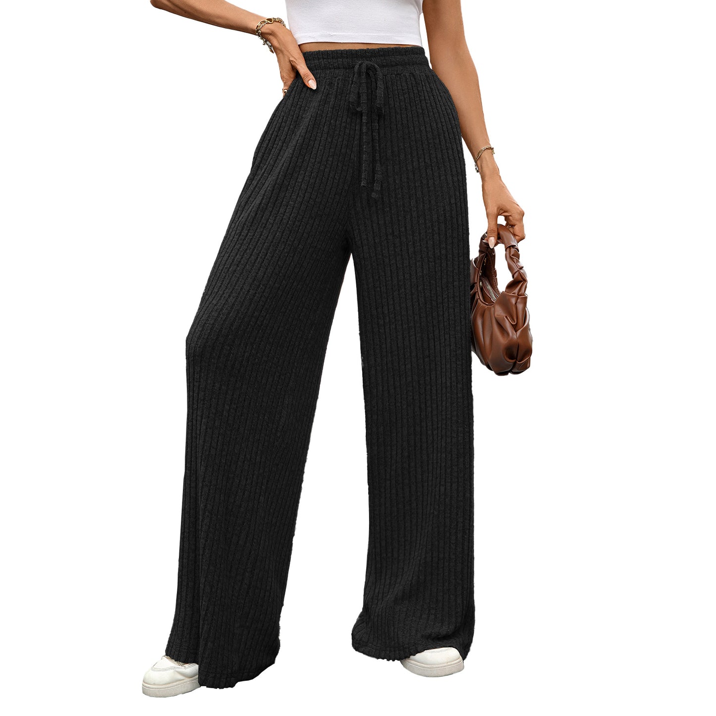 Solid Color Drawstring Sunken Stripe Brushed Elastic Casual Pants