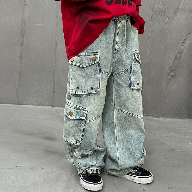 Cargo Jeans Medium Large American Fashion Loose Children's Pants