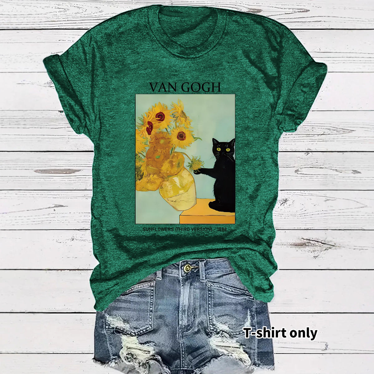 Women's Van Gogh Sunflower Cat Art Print Loose Casual Round Neck Women's T-shirt