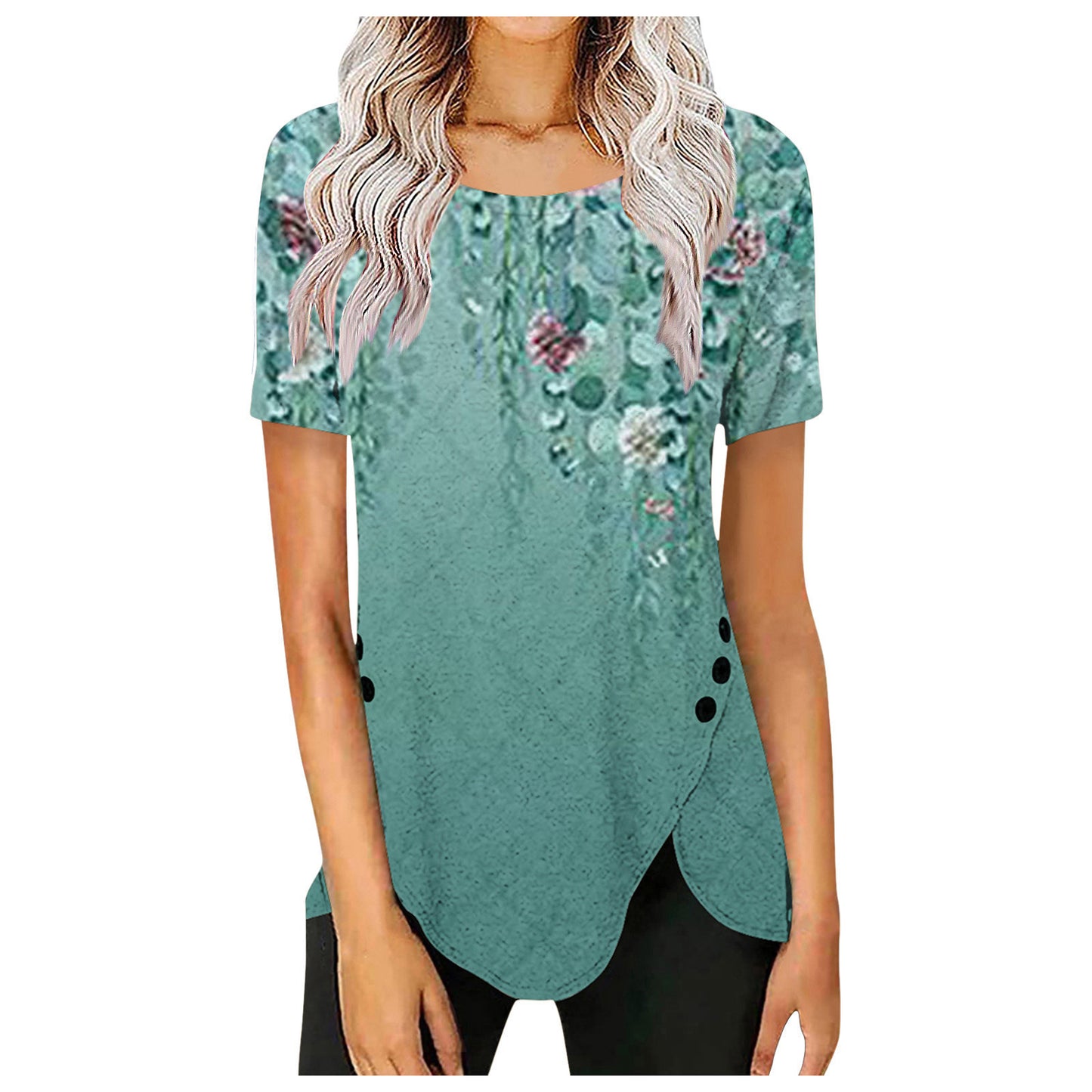 Women's Retro Button Gradient Printing Round Neck Shorts