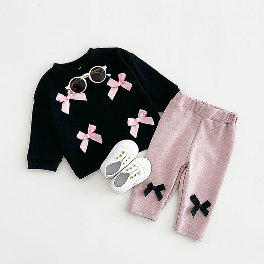 Children's Bow Two-piece High Elastic Knitting Korean Sweet Children's Suit