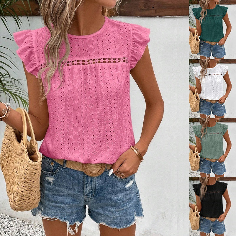 Women's Summer Round Neck Lace Solid Color Women's T-shirt