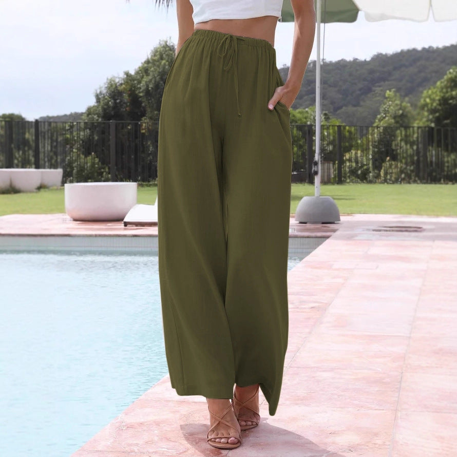Women's Cotton Linen Drawstring High Waist Wide Casual Pants