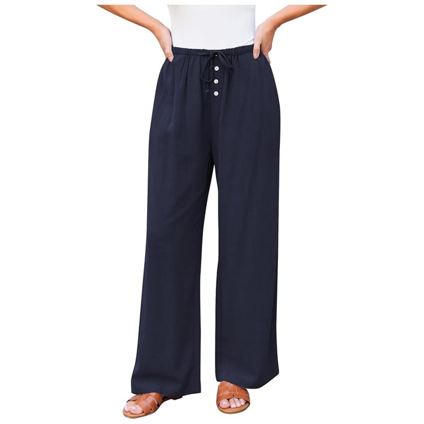 Women's High Waist Comfortable Wide Leg Drawstring Pocket Button Casual Pants