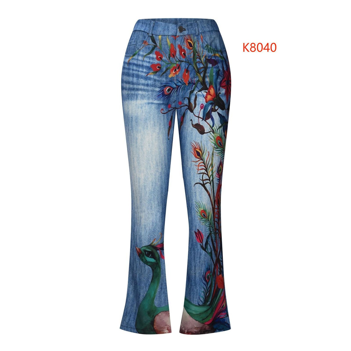Women's Large Casual Imitation Denim Bell-bottom Floral Pants