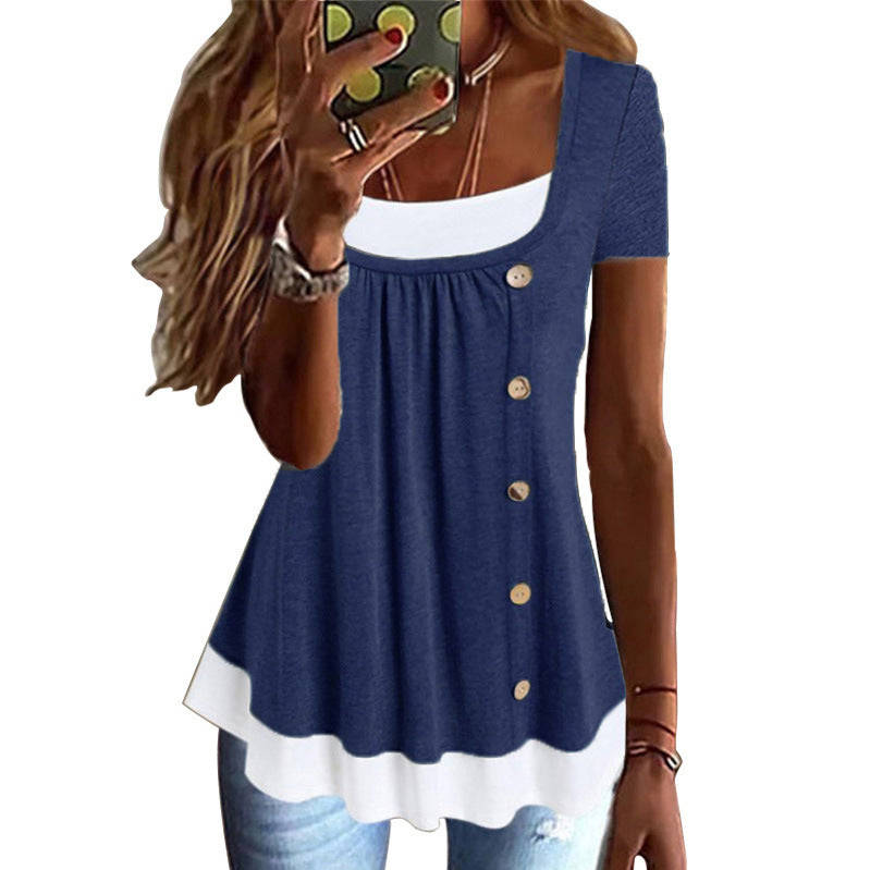 Women's Summer Round Neck Loose Pleated Button Two-piece Women's T-shirt