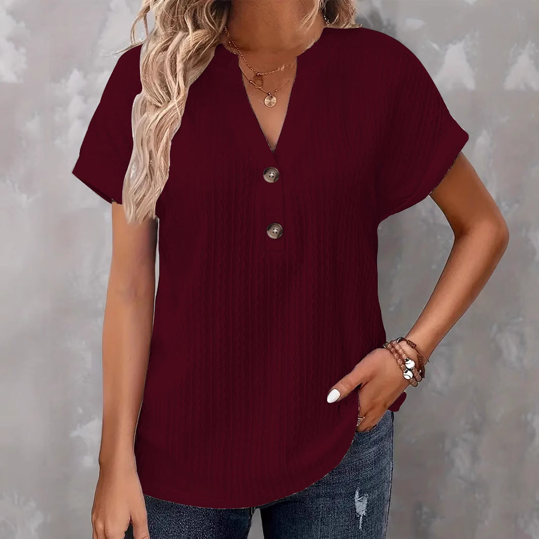 Women's Fashion Casual Solid Color Buttons Women's T-shirt