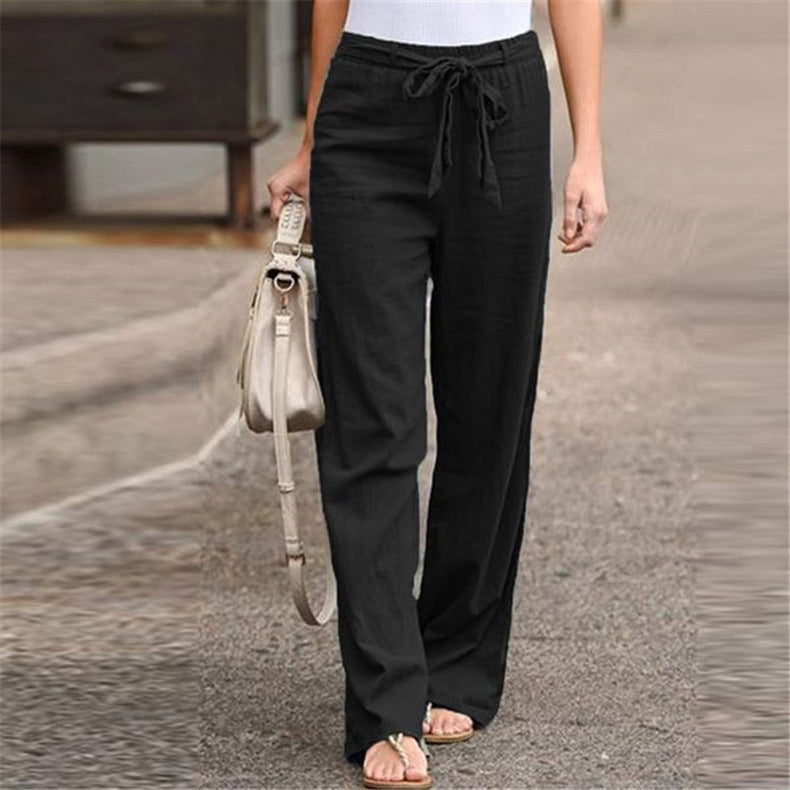 Women's Summer Elastic Waist Solid Color Cotton Linen Belt Wide Pants