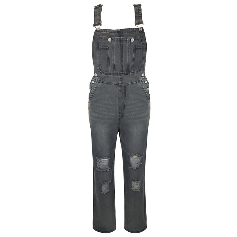 Women's Washed Cut Straight Casual Suspenders Ripped Women's Jeans