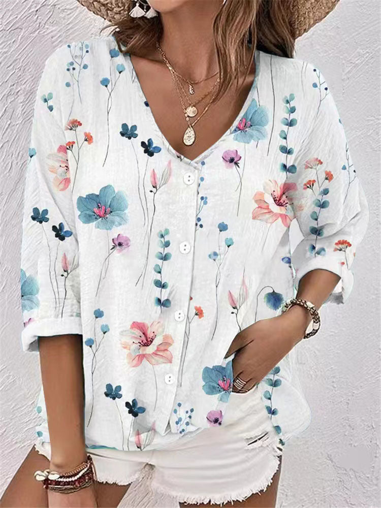 Casual Women's Buttons Printed Long Sleeve Lace Shirt, Chiffon Shirt