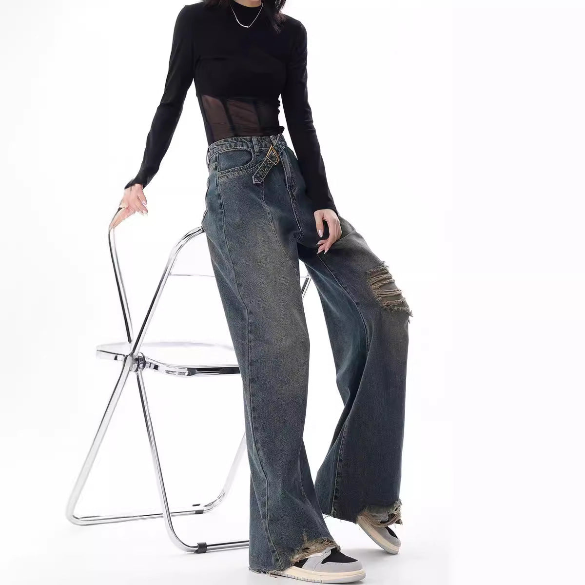 Early Autumn Ripped American Retro Raw Edges Design Loose Wide Jeans