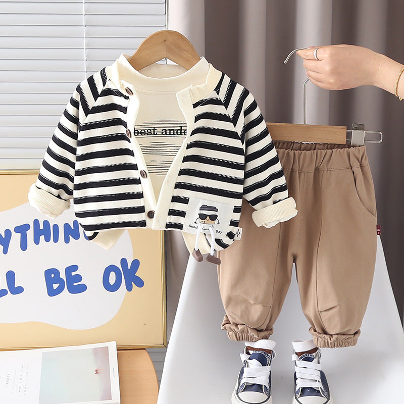 Fashionable Spring Clothing Striped Cardigan Three-piece Children's Suit