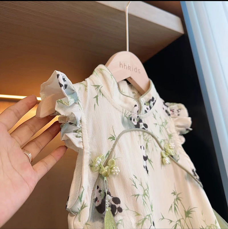 Western Style Flounced Sleeve National Panda Mesh Cheongsam Children's Dress