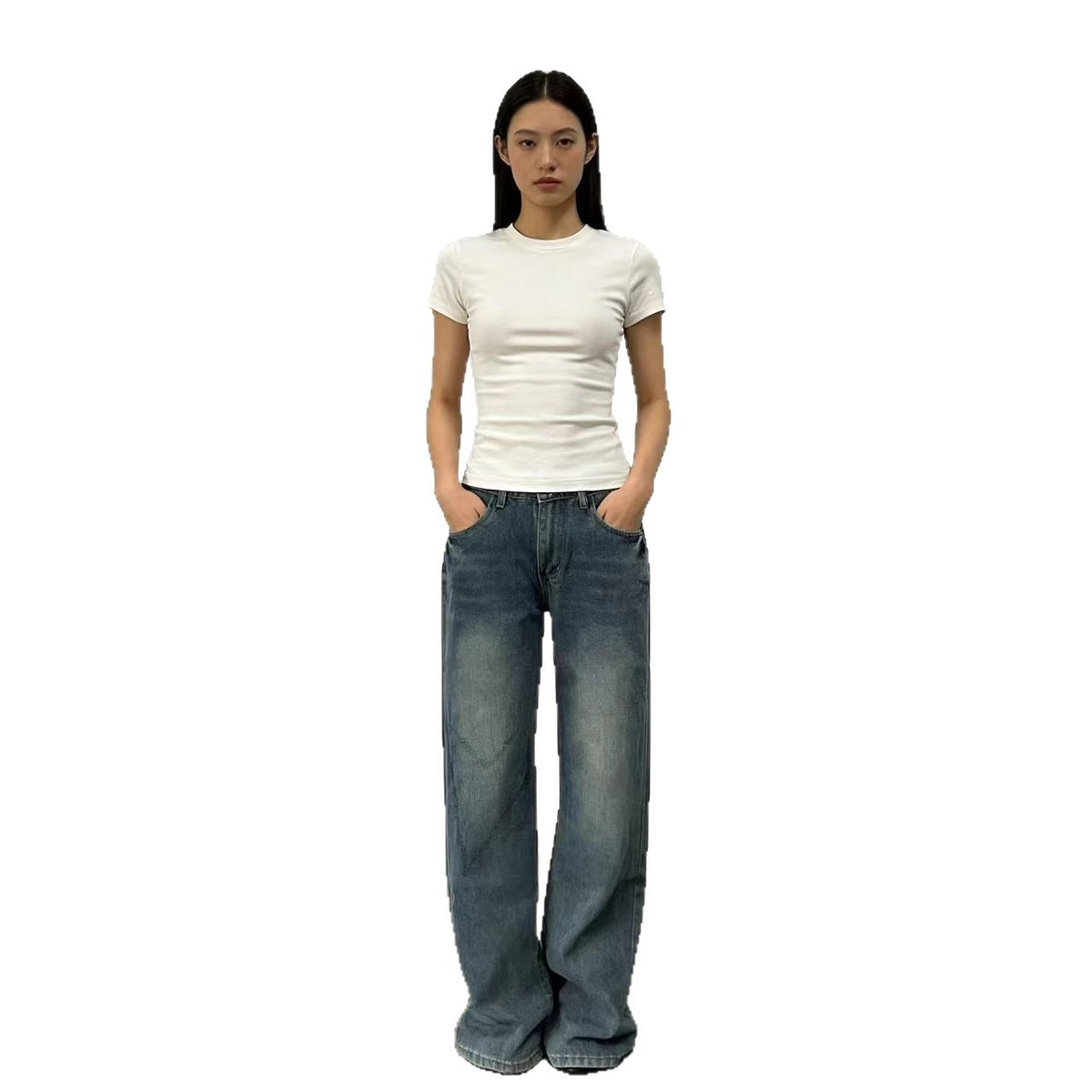 Women's Retro Washed Pleated Cat Beard Loose Jeans