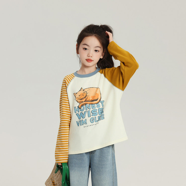 Children's Pudding Long-sleeved Cartoon Printed Raglan Sleeve Children's T-shirt