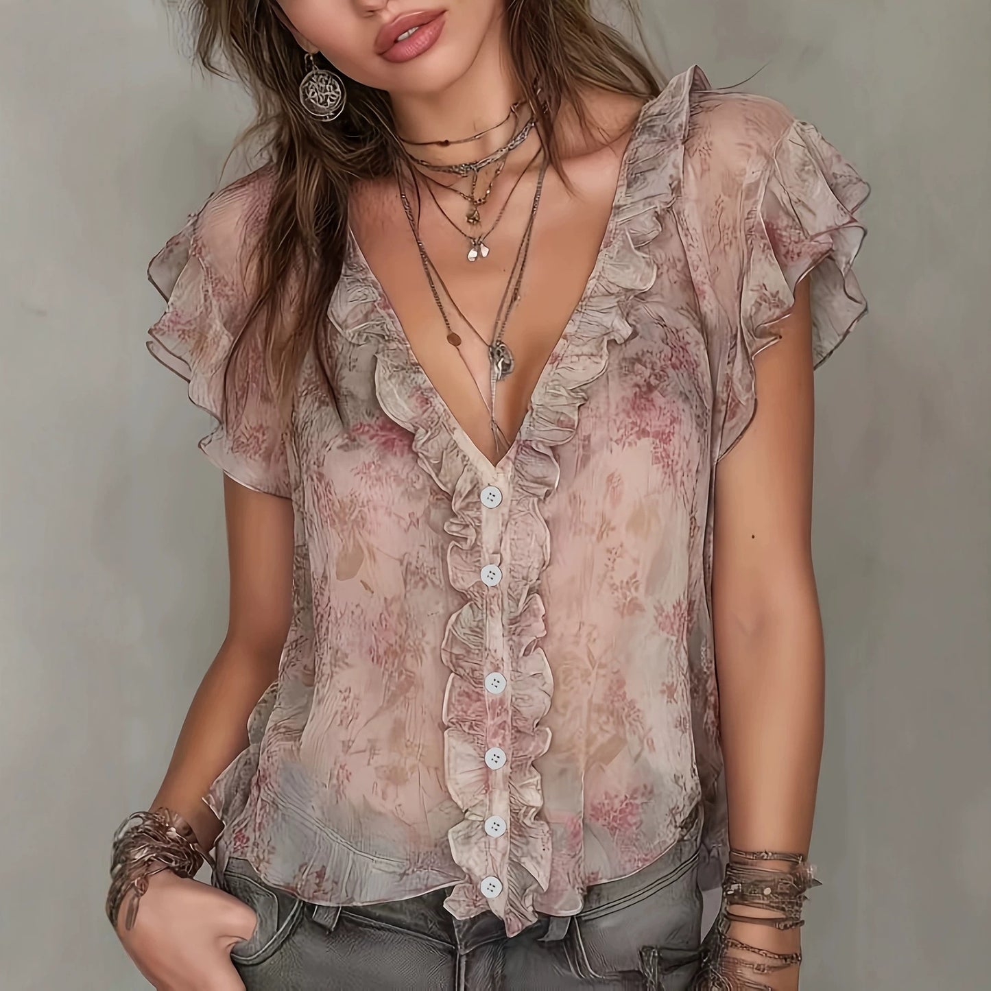 Casual Printed French Collar Ruffled Sleeves Lace Shirt, Chiffon Shirt