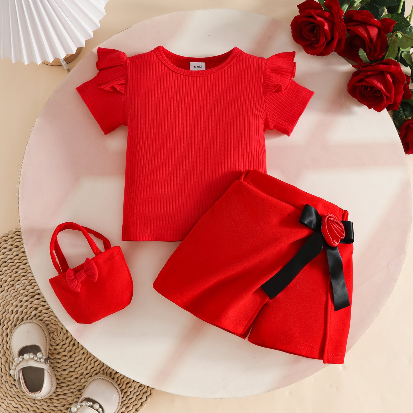 Summer Short Sleeve Sunken Stripe Top Bow Flower Bag Three-piece Children's Suit