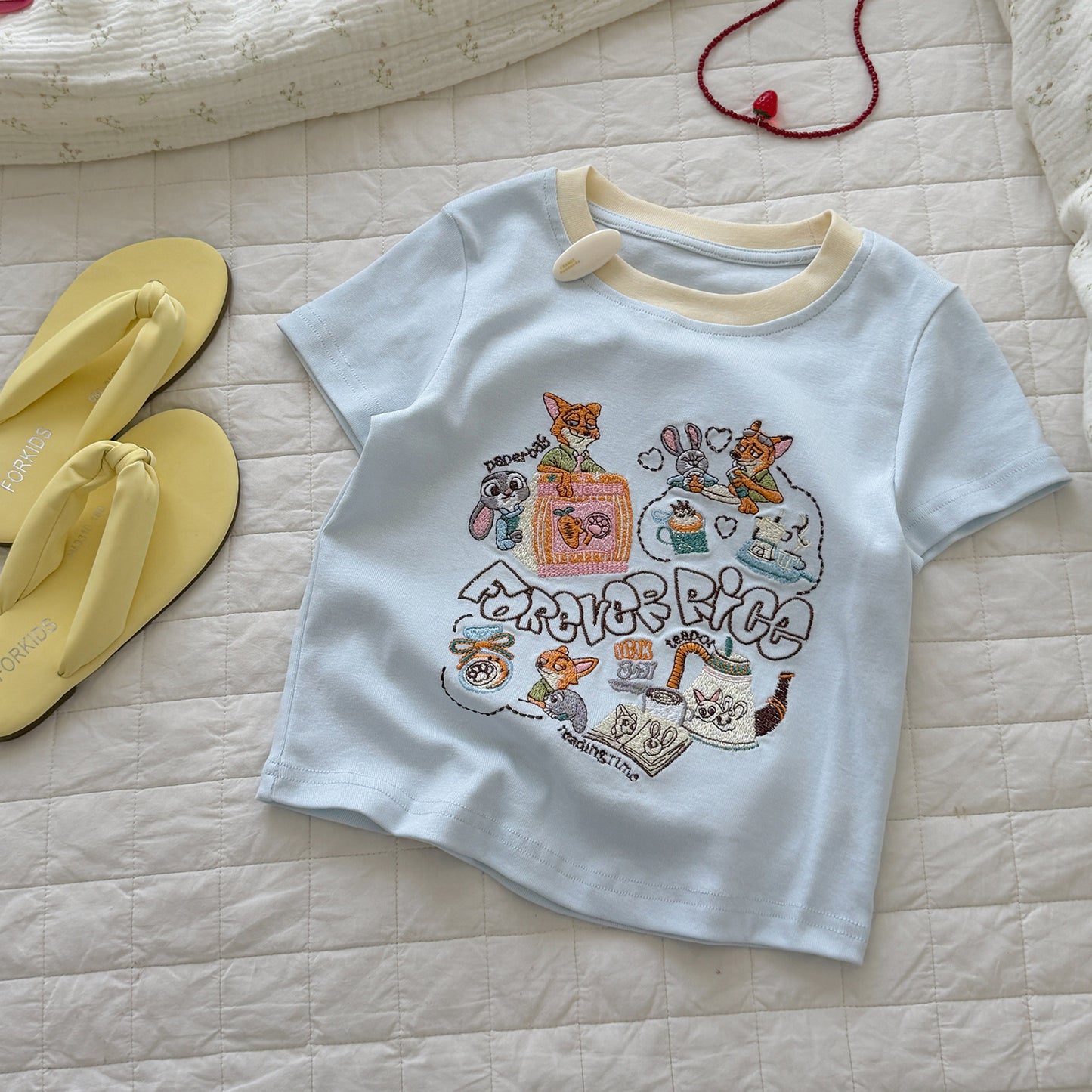 Short-sleeved Summer Cotton Cartoon Embroidered Top Contrast Color Round Neck Children's T-shirt