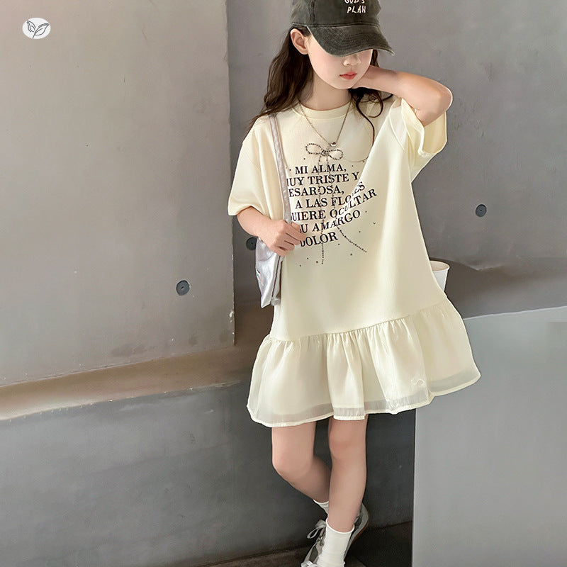 Children's Letter Printed T-shirt Skirt Mesh Stitching Rhinestone Children's Dress
