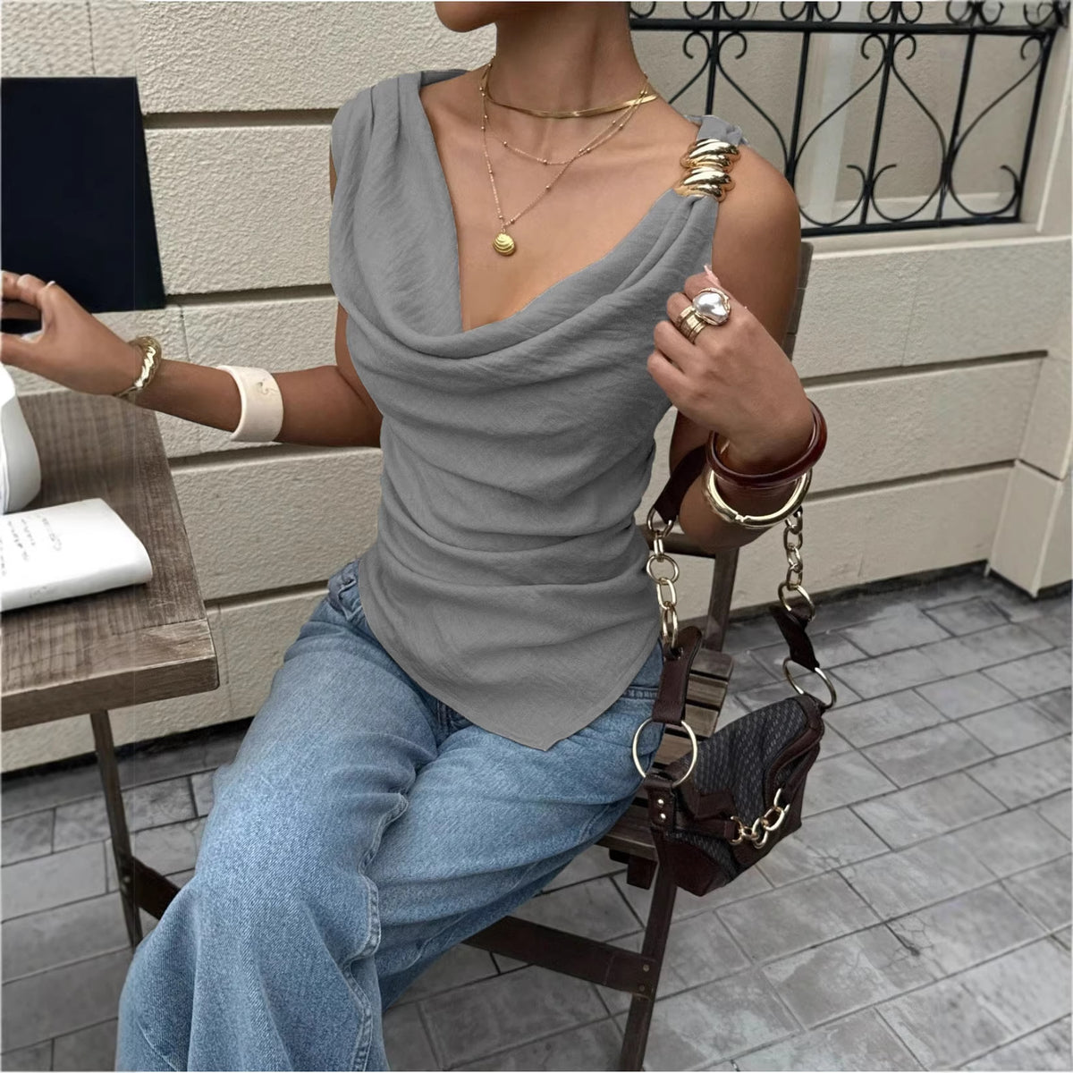 Women's Summer Pile Collar Metal Decorative Sleeveless Small Vest/suspenders/tube Top