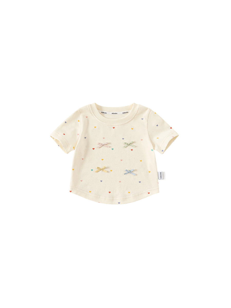 Children's Sweet Bow Top Polka Dot Round Neck Little Children's T-shirt