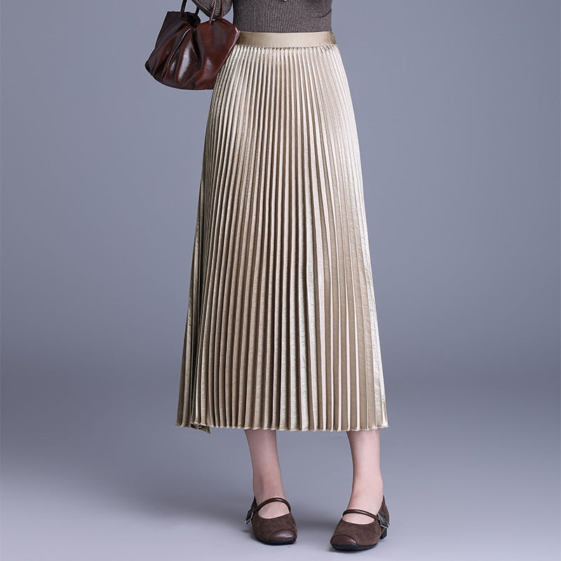 Pleated Autumn High Waist Mid-length Long Dress Temperament Drape A- Skirt