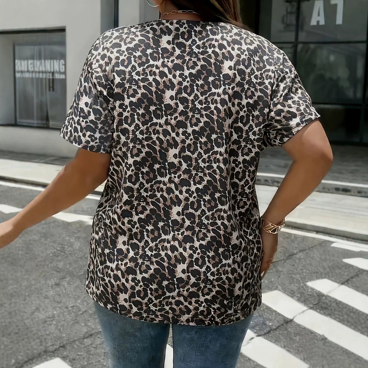 Women's Printed Split Sleeve Round Neck Pullover Large Size T-shirt