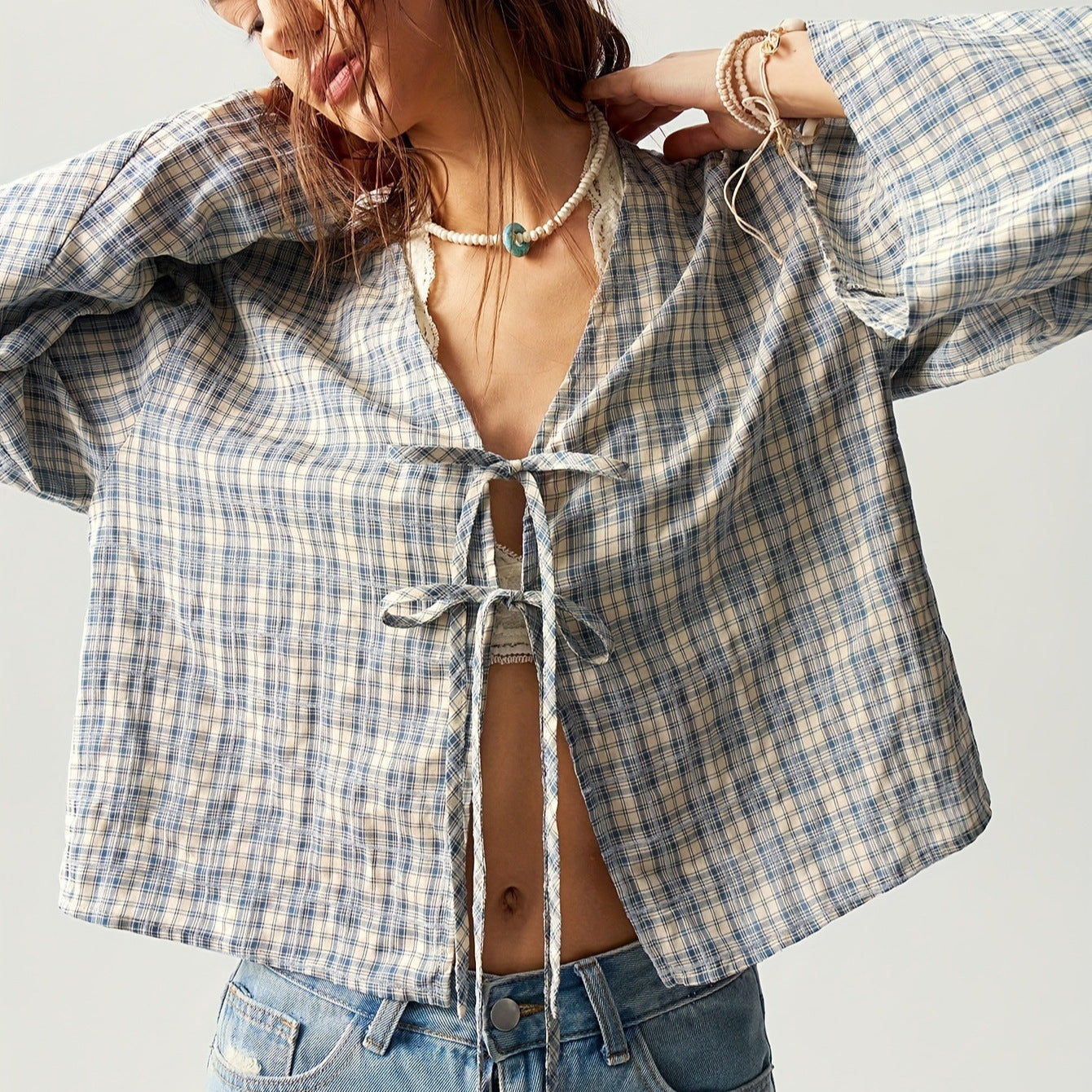Women's American Retro Plaid Shirt Collar Flared Sleeve Blouse