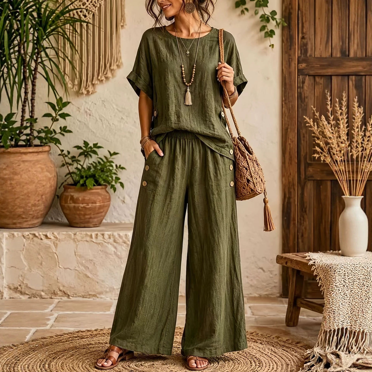 Women's Linen Round Neck Sleeve High Waist Loose Wide Leg Fashion Casual Suit
