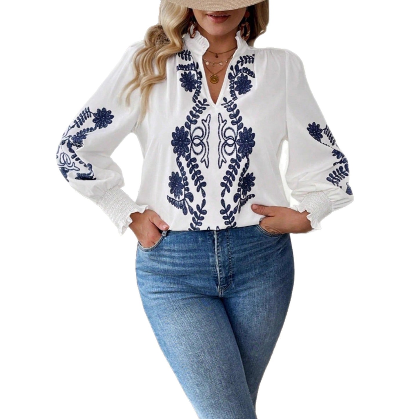 Women's Digital Printing Sleeves Smocking Details Fashionable Tops