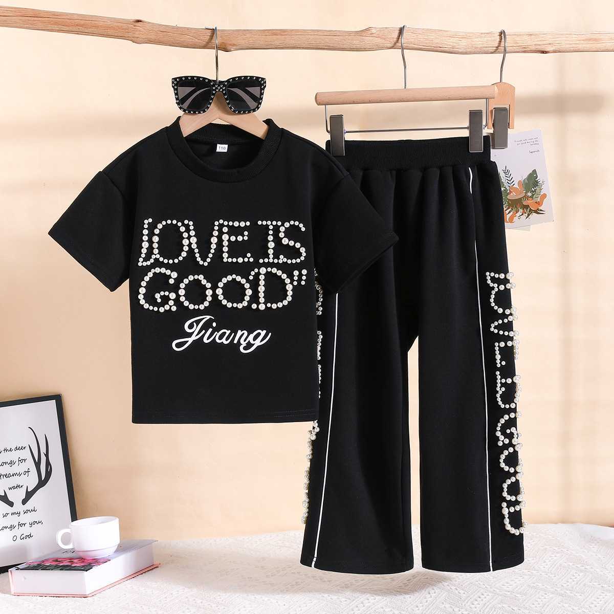 Design Sense Pearl Letter Short Sleeve Children's Suit
