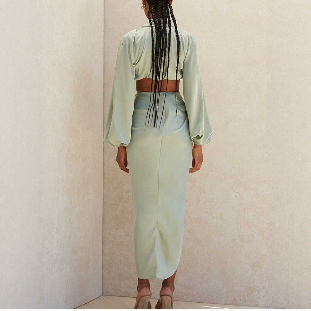 Women's Two-piece Satin Outfit Split Dress Fashion Casual Suit
